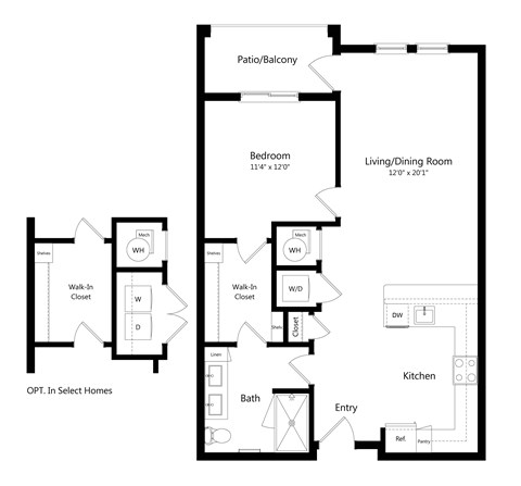 Floor plan for 1 bed, 1 bath, 827 sqft